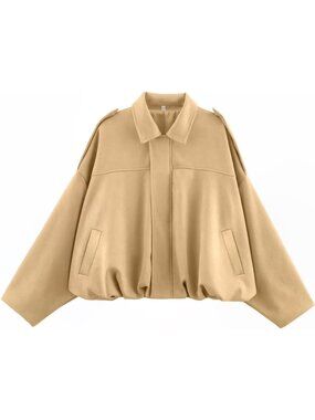 Women's Light Khaki Faux Suede Batwing Sleeve Oversized Cropped Bomber Jacket